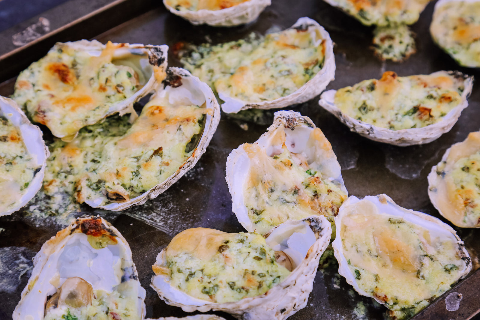Recipes, Cast Iron Roasted Oysters with Spinach and Bacon, Sur La Table